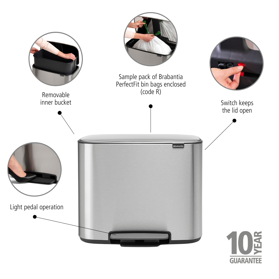 Bo Pedal Bin 36 Litre - Matt Steel Fingerprint Proof