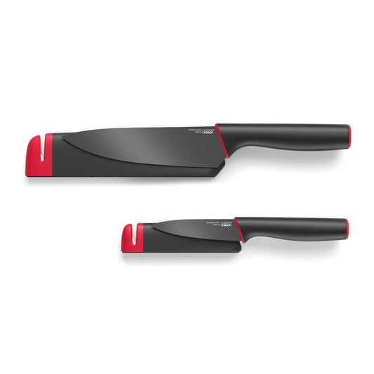 Slice&Sharpen Set of 2 Knives with Sharpening Sheaths - Black/Red