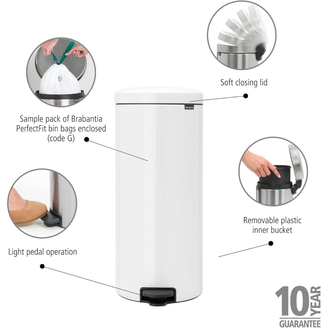 NewIcon Pedal Bin Silent 30 Litre - White